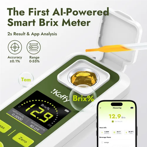 Vista 2 de Refractómetro digital Brix AI con ATC, sincronización de aplicaciones y análisis de IA, rango de 0-55%, precisión de ±0.1%, impermeable