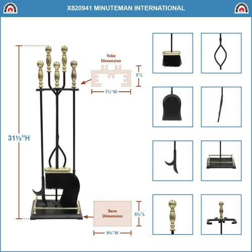 Vista 2 de Minuteman International Oxford - Juego de herramientas para chimenea de 5 piezas, latón pulido y negro