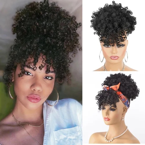 Vista 11 de Cola de caballo con cordón para mujeres negras Afro Puff Cola de caballo con cordón con flequillo Cola de caballo corta crespa y rizada Moño cola