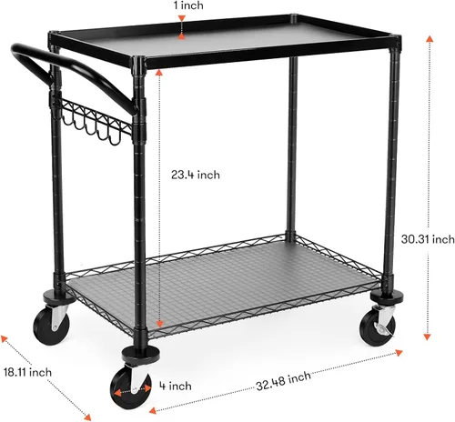 Vista 5 de WDT - Carrito utilitario rodante de gran capacidad de 680 libras, carritos rodantes de 2 niveles con ruedas, carrito de metal de grado comercial