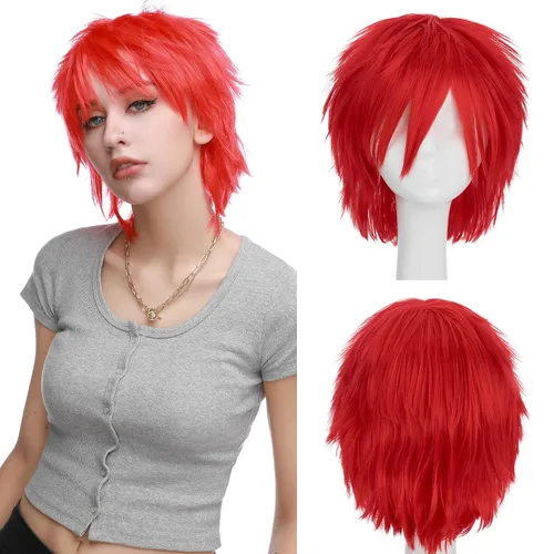 Vista 18 de S-noilite Unisex Short Cosplay Black Hair Wig Women Men Male Fluffy Straight Pixie Wigs for Cartoon Anime Comic-cons Party Halloween Costume Black
