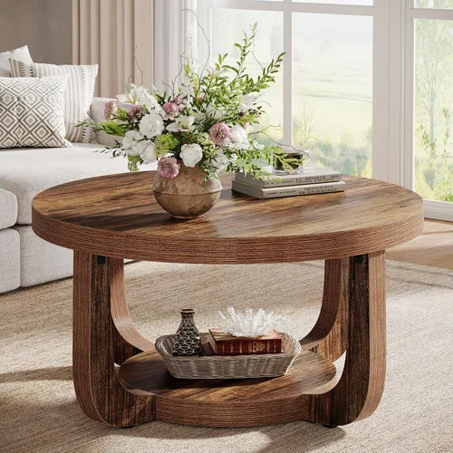 Vista 12 de Tribesigns - Mesa de café redonda, mesa de café circular de 2 niveles con almacenamiento, mesa auxiliar moderna de acento de madera para sala