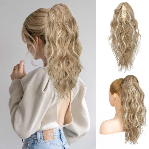 Vista 10 de FLUFYMOOZ Extensión de cola de caballo, extensión de cola de caballo con clip de garra de 18 pulgadas, extensiones de cabello ondulado y rizado