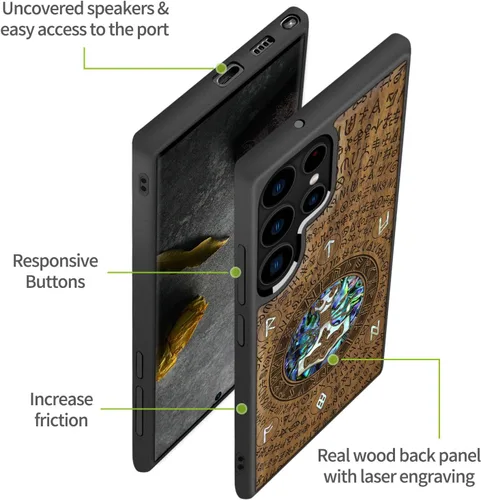 Vista 6 de Carveit Funda de madera de diseñador para Samsung Galaxy S22 Ultra (grabado en madera e incrustaciones de carcasa), funda de madera compatible