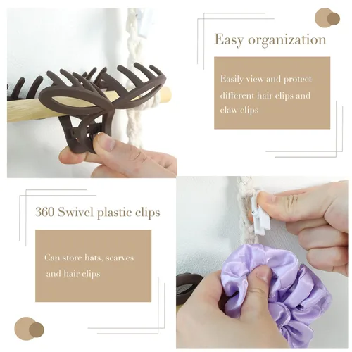 Vista 3 de Organizador de pinzas para el cabello, soporte colgante de macramé para el cabello y almacenamiento para niñas, colgador de clips de garra