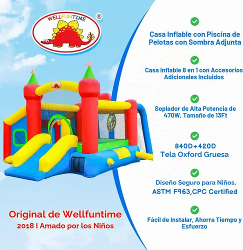 Vista 2 de WELLFUNTIME Casa Inflable para Saltar, Castillo Hinchable con Tobogán y Soplador, Brincolín para Niños con Alberca de Pelotas