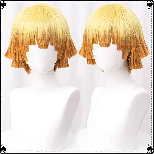 Vista 5 de Peluca SL para Agatsuma Zenitsu Cosplay para Demon Slayer corta naranja Ombre Cosplay Pelucas para niños y adultos con gorra
