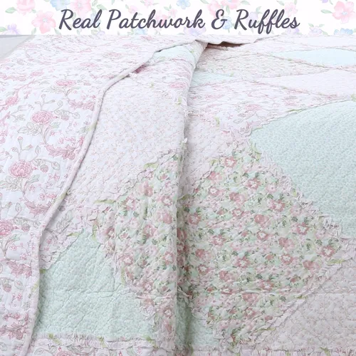 Vista 6 de Juego de ropa de cama reversible de algodón reversible de 3 piezas con diseño floral pastel de jardín de rosas, melocotón, verde, con volantes