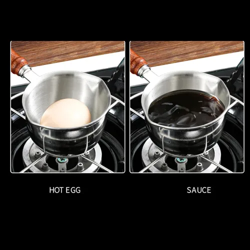 Vista 8 de Calentador de 3 capas de acero inoxidable multiusos para leche de chocolate hirviendo con mango de madera, calentador de leche, mini olla de leche