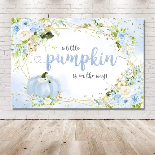 Vista 6 de MEHOFOND Telón de fondo de calabaza de otoño de 7 x 5 pies para niño, baby shower, decoración de fiesta de bebé azul floral para bebé, niño