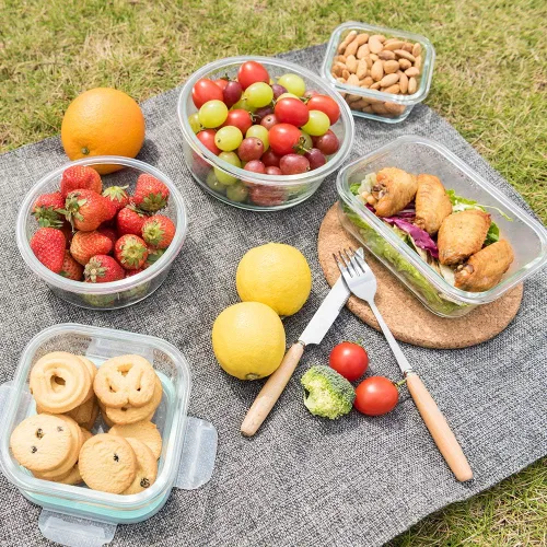 Vista 6 de Bayco Contenedores de vidrio para almacenamiento de alimentos con tapas, 24 piezas, preparación de comidas, cajas Bento herméticas, a prueba de Azul