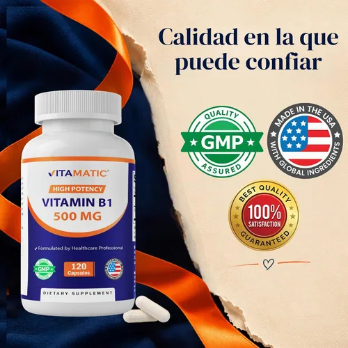 Vista 7 de Vitamatic Vitamina B1 500 mg (mononitrato de tiamina), 120 cápsulas Alta potencia B1, apoya la salud del sistema nervioso y el metabolismo