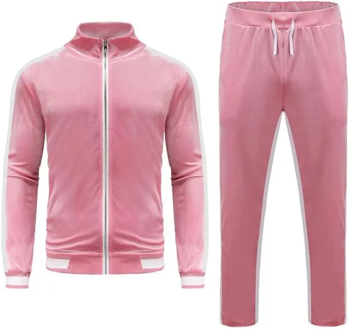 Vista 2 de KISSQIQI Chándal de 2 piezas con cremallera completa para hombre, trajes deportivos de terciopelo dorado, trajes casuales, chaqueta y pantalones