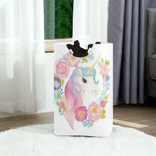 Vista 2 de senya Cesta grande de almacenamiento plegable, organizador para ropa sucia para guardería, juguetes, cabeza de unicornio en flores