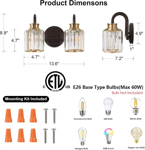 Vista 2 de ORB Accesorios de Iluminación para Baño con Pantalla de Cristal K9 Iluminación de Baño Sobre Espejo Luces de Tocador para Sala de Estar, Dormitorio