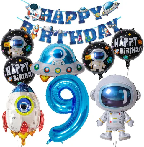 Vista 11 de Globos de planeta astronauta del sistema solar, globos de papel de aluminio, globos grandes de Mylar con helio, guirnalda de feliz cumpleaños para 10