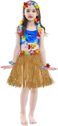 Vista 4 de Fortuning's JDS Hawaiian Hula Dancer Grass Skirt with Flower Costume Set Birthday Tropical Party Decorations