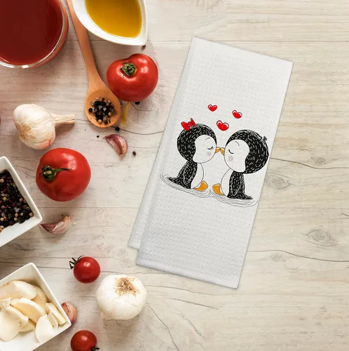 Vista 2 de Dos bonitos pingüinos besando enamorados, toallas de baño, toallas de ducha, encantadoras toallas decorativas de pingüino, toallas de mano, paños