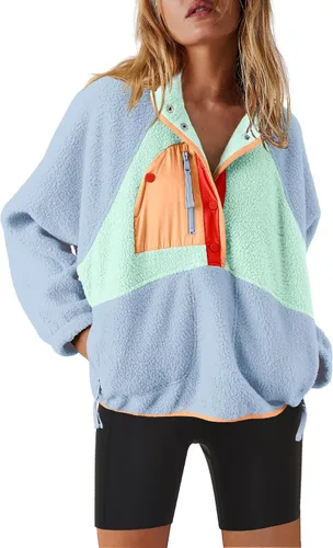 Vista 30 de Nirovien - Chaqueta de forro polar con capucha para mujer, manga larga, sherpa, sudadera mullida, abrigada, con botones y bolsillos Un rosa