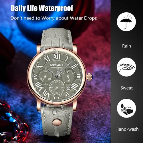 Vista 6 de RORIOS Reloj cronógrafo para hombre con correa de cuero, analógico, de cuarzo, para negocios, impermeable, para hombre