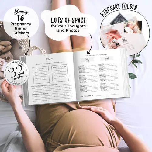 Vista 4 de LUMOSX Diario de embarazo y libro de memorias – Incluye calcomanías para la panza del bebé, recuerdo de género neutro, el mejor regalo para futuras