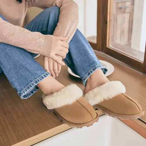 Vista 4 de WaySoft Pantuflas de piel de oveja australiana auténtica, 100% piel de oveja dura para mujer, para interiores y exteriores, pantuflas de lana cálida