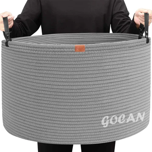 Vista 13 de GOCAN Cesta de almacenamiento extragrande para lavandería, 22 x 22 x 14 pulgadas, cesta tejida de cuerda de algodón para manta con asas para sala
