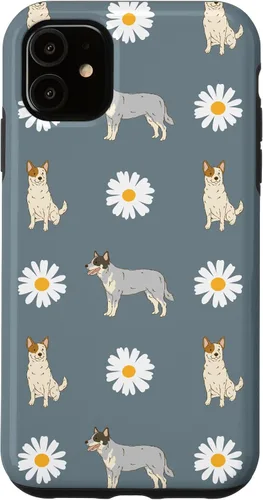 Vista 8 de Funda azul para iPhone 16 con diseño de perro Heeler y margarita azul polvoriento