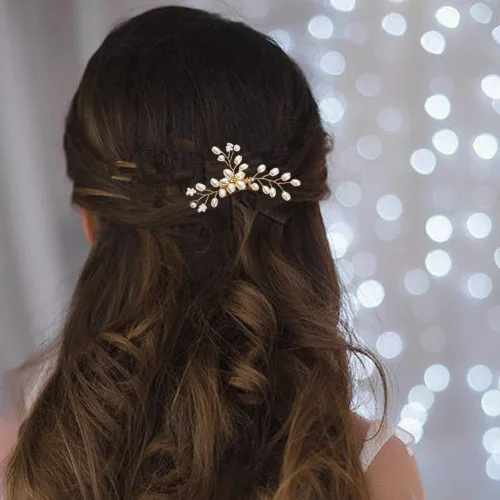 Vista 3 de inSowni Paquete de 26 peines laterales dorados para bodas y novias+horquillas en forma de U, pasadores para el cabello, pasadores de hojas, flores