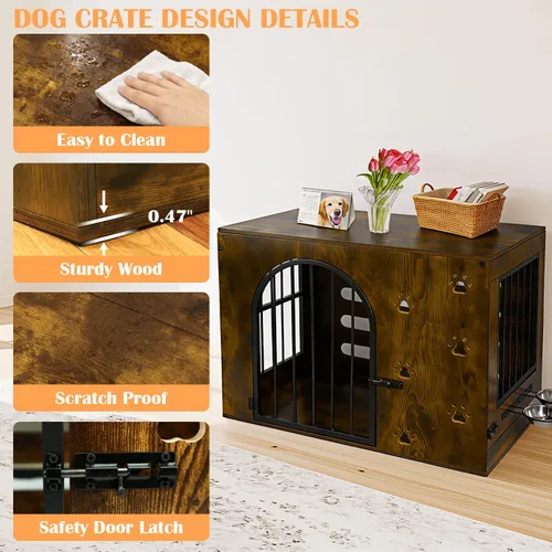 Vista 2 de Mueble de jaula para perros pequeños y medianos, perrera de metal de madera resistente para interiores con cuencos, jaula decorativa para mascotas