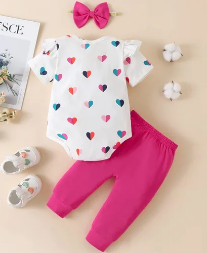 Vista 3 de Fullfamous Conjunto de mameluco y pantalón de manga larga con volantes para niña de 3 piezas