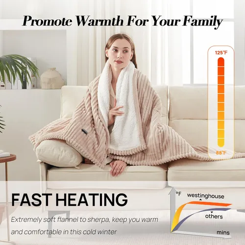 Vista 3 de Westinghouse - Manta eléctrica con calefacción, suave manta de franela a sherpa con 6 niveles de calefacción y apagado automático de 2-10 horas