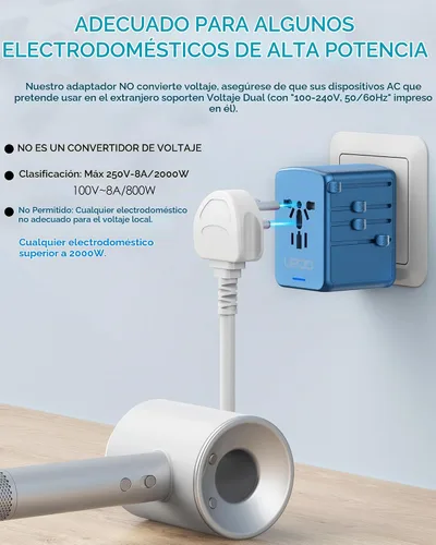 Vista 4 de Adaptador de viaje universal con 5 puertos USB C/A de 30 W de carga 3 USB tipo C + 2 USB tipo A - Azul metálico