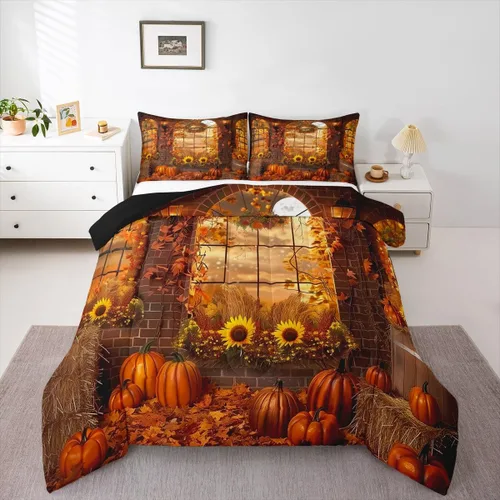 Vista 30 de Erosebridal Juego de edredón individual de pavo de Acción de Gracias, juego de ropa de cama de calabaza con hojas de otoño para niños y adultos