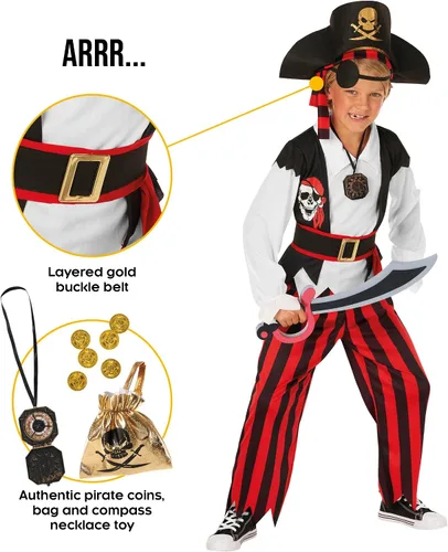 Vista 3 de Morph Disfraz de pirata para niños, disfraz de pirata para niños, disfraz de pirata para niños de 10 a 12 años, disfraz de pirata, talla 7-8, 4-6