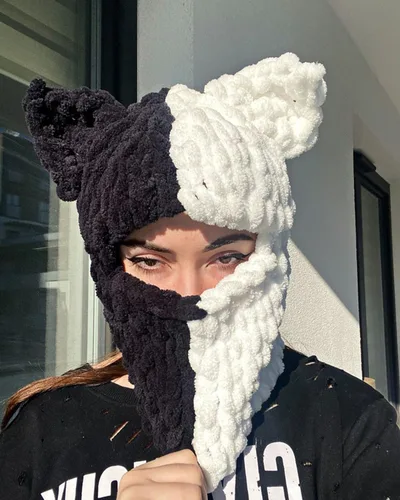 Vista 6 de Máscara de esquí de punto con diseño de ganchillo, máscara facial con diseño de conejo divertido en 3D, para Año Nuevo, clima frío o fiesta