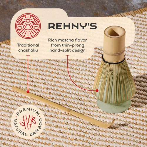 Vista 6 de Rehny's Juego de batidor Matcha Juego completo de matcha verde con cuenco en forma de corazón, batidor de bambú, soporte, tamiz de acero