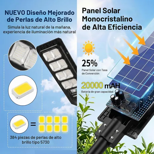 Vista 5 de LANGY 2PACK Luces solares de calle para exteriores 200000 lúmenes con control remoto, sensor de movimiento de atardecer a amanecer, lámpara solar