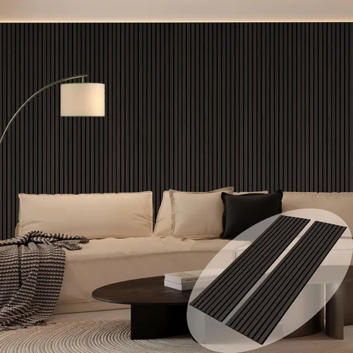 Vista 10 de Paneles de madera ARMURO para pared - Paquete de 2 paneles negros para decoración de pared - Panel de chapa de roble negro absorbente de sonido