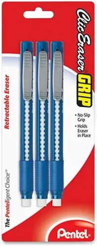 Vista 2 de Gomas de borrar de clic con mango estilo lápiz, surtidos, paquete de 3, Colores Variados Negro / azul