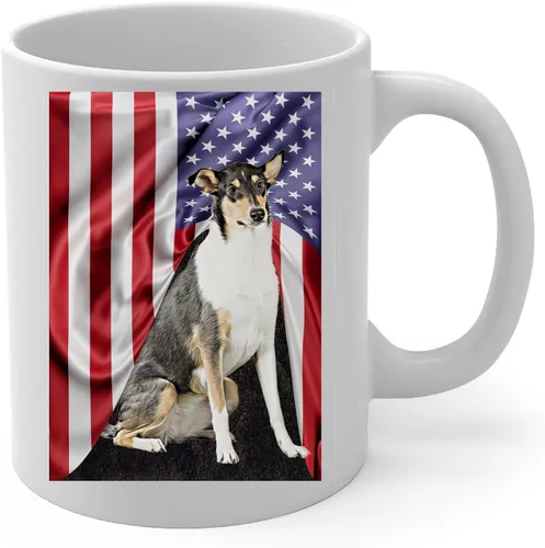 Vista 2 de Taza de café con diseño temático americano con diseño tricolor liso Collie, taza de té de cerámica blanca de 11 onzas, regalos para propietarios