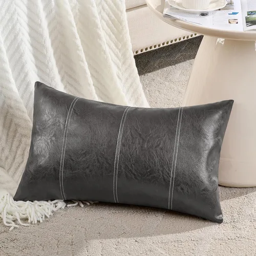 Vista 24 de Fancy Homi - Paquete de 2 fundas de almohada decorativas negras estilo boho de cuero sintético de 16 x 16 pulgadas para sala de estar, sofá, cama