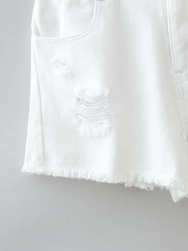 Vista 5 de OYOANGLE Pantalones cortos de mezclilla de pierna recta con dobladillo rasgado y bolsillo para niña