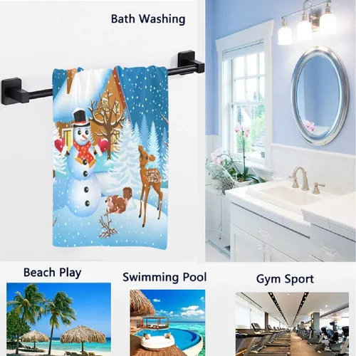 Vista 2 de Naanle Toalla de baño suave con estampado de casa de muñeco de nieve de Papá Noel, diseño de Navidad, altamente absorbente, multiusos, para baño