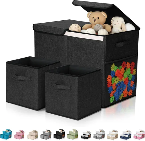 Vista 12 de Paquete de 3 Cajas Grandes de Almacenamiento de Juguetes de 23" con Cubos Contenedores de 11", Organizador Cofre de Juguetes Plegable con Tapas