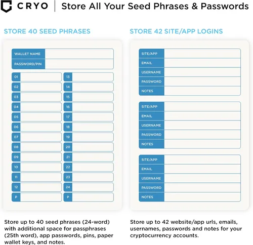Vista 3 de CRYO Cuaderno de almacenamiento de frases criptográficas – Impermeable Bitcoin Recovery Phrase Crypto Password Keeper – 12 a 24 Word Cold Wallet