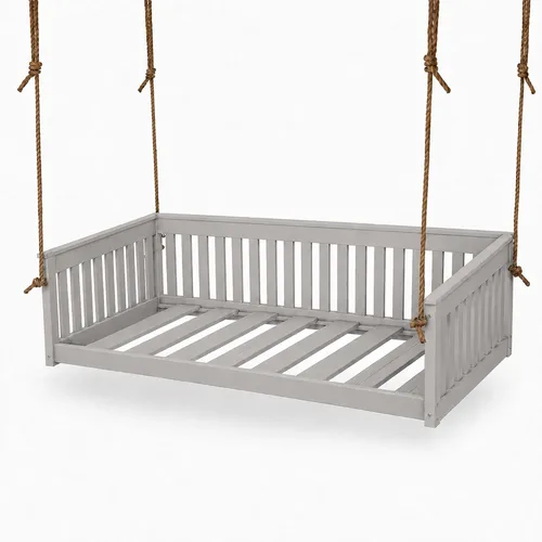 Vista 28 de Amish Twin Poly Lumber Wood Hanging Daybed, Antique Mahogany, USA Made Deep Seating Mission Collection HDPE Poly Lumber Twin Daybed with Rope