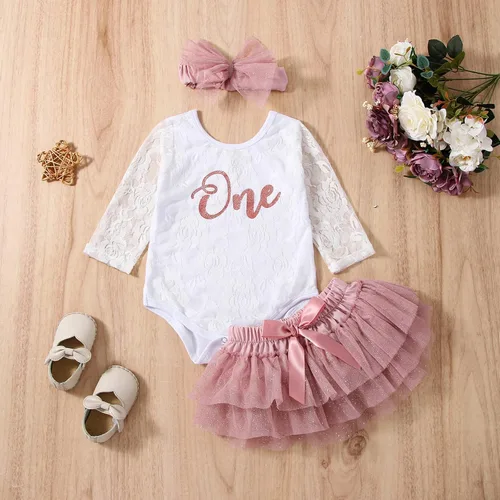 Vista 6 de LYQTloml Conjunto de ropa para bebé niña de primer cumpleaños con falda tutú con diadema