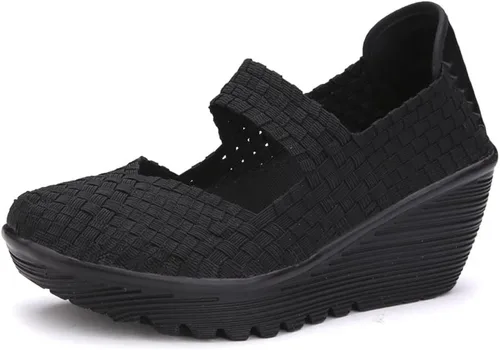 Vista 12 de EnllerviiD - Sandalias de cuña Mary Jane para mujer, zapatos de plataforma con bombas elásticas, cómodos para el trabajo y uso casual 669negro