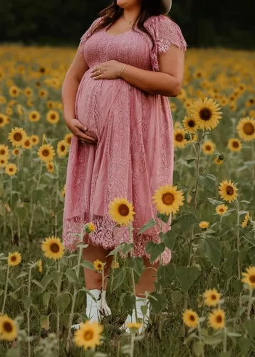 Vista 2 de Vestido de maternidad de manga corta con cuello en V bohemio para baby shower, sesión de fotos, vacaciones, vestido de maternidad de lunares suizos
